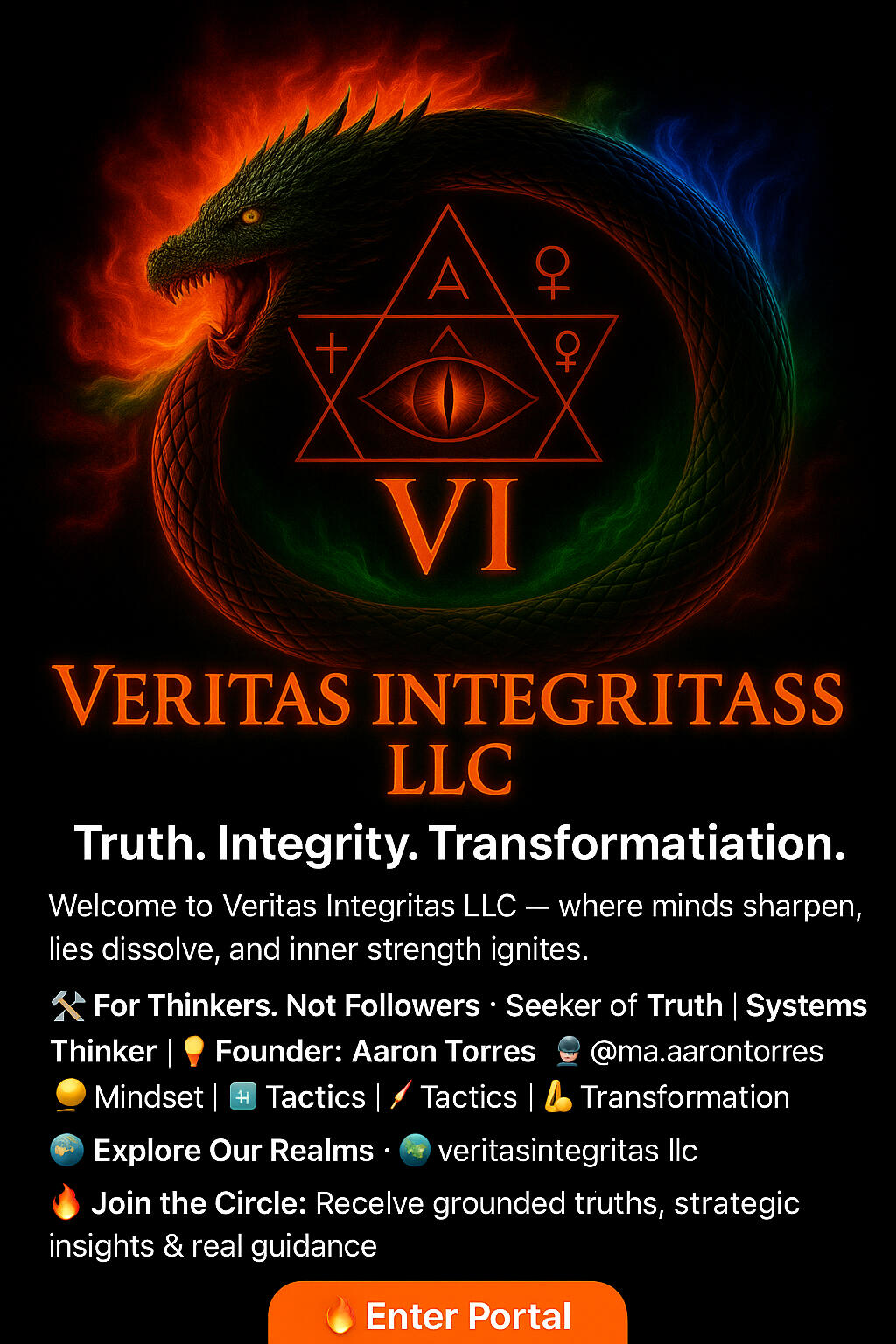 Logo for Veritas Integritas LLC with company motto and glowing ouroboros symbol.
